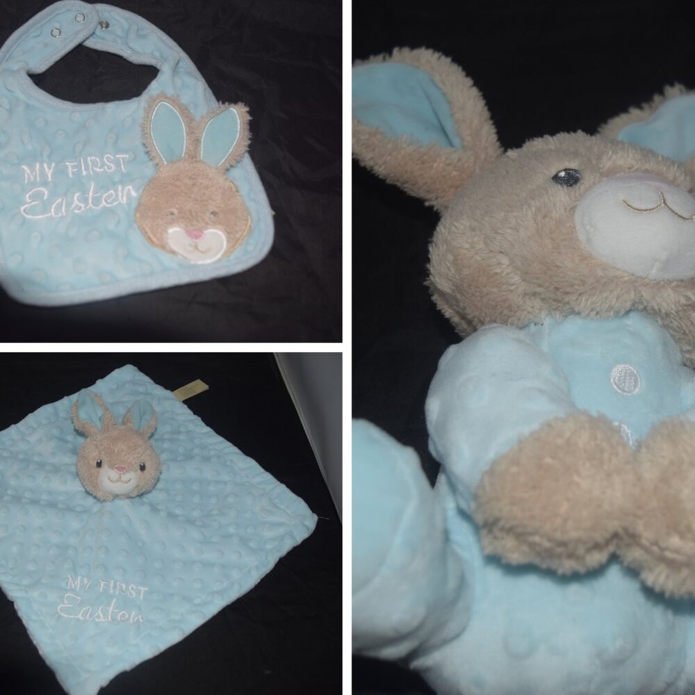 Blue "My First Easter" Bunny 3-Piece Set - Plush Rattle, Lovey Blanket, & Bib